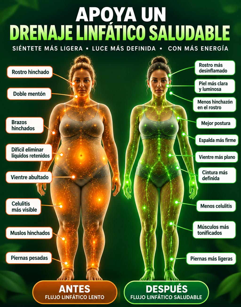 Comparación visual de sensación de hinchazón y ligereza